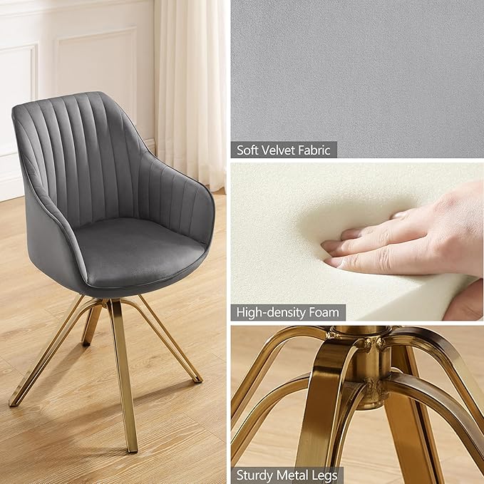 Zouron Mid Century Modern Swivel Accent Chair with Gold Metal Legs, Upholstered Swivel Chair No Wheels, Side Accent Arm Chair Vanity Chair for Small Space Home Office Living Room Bedroom, Grey