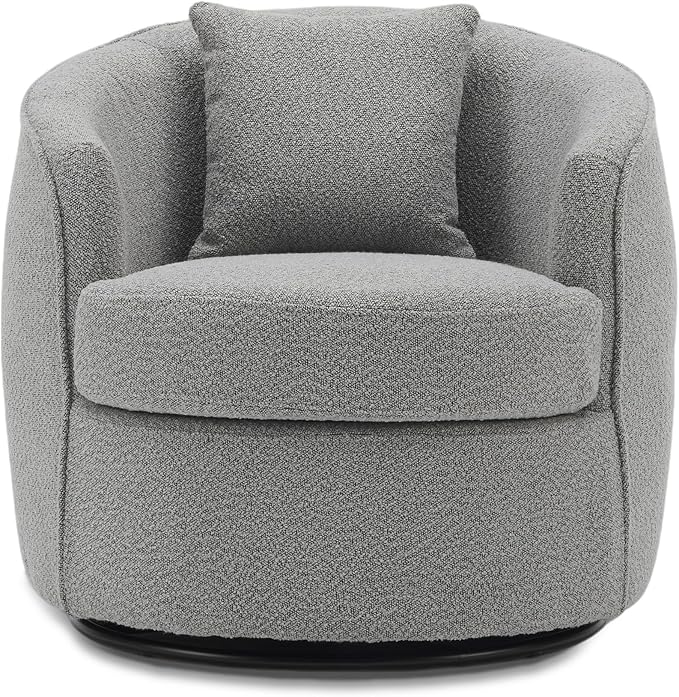 Swivel Accent Chair Set of 2, Modern Upholstered Boucle Barrel Arm Chairs with Pillow for Living Room, 360 Degree Round Swivel Sherpa Armchair with Round Base for Bedroom Club (2, Grey)