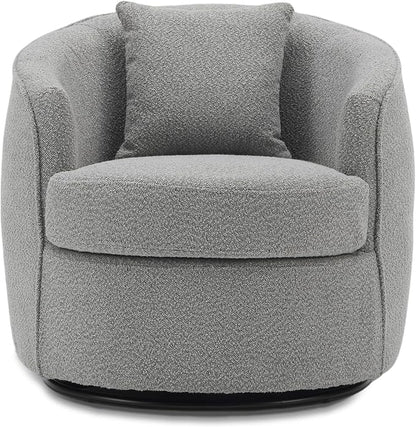 Swivel Accent Chair, Modern Upholstered Boucle Barrel Arm Chairs with Pillow for Living Room, 360 Degree Round Swivel Sherpa Armchair with Round Base for Bedroom Club (1, Grey)