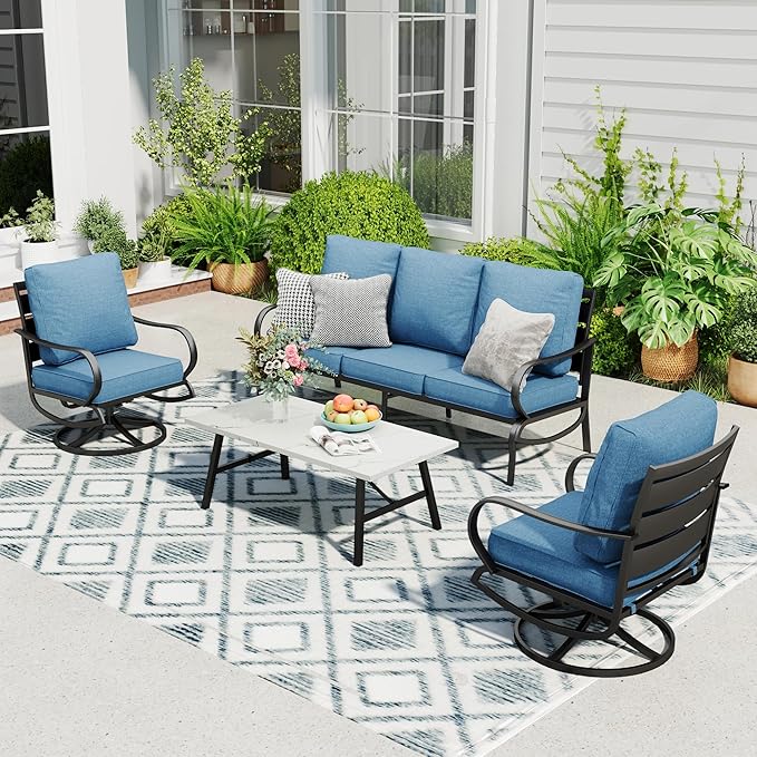 Sophia & William Patio Furniture Sets 5 Seats Outdoor Metal Conversation Sets 4 Pcs with 2 x Cushioned Swivel Sofa Chairs,1 x 3-Seat Sofa, 1x Marbling Metal Coffee Table Lawn Backyard Poolside Navy