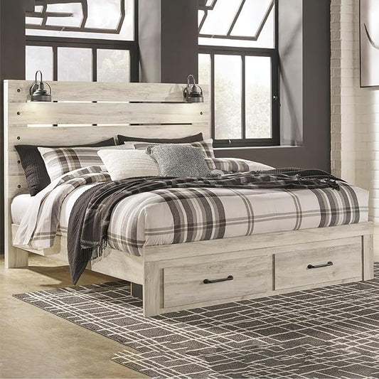 Signature Design by Ashley Cambeck Farmhouse King Panel Bed with 2 Storage Drawers, Sconce Lights and USB Ports, Foundation or Box Spring Needed, Whitewash