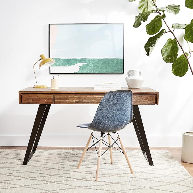 SIMPLIHOME Lowry Desk - 54-Inch Wide Solid Acacia Wood and Metal Writing Desk in Rustic Natural Aged Brown, Modern Industrial Home Office Computer Table with 2 Drawers and Flip-Down Keyboard Tray