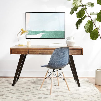 SIMPLIHOME Lowry Desk - 54-Inch Wide Solid Acacia Wood and Metal Writing Desk in Rustic Natural Aged Brown, Modern Industrial Home Office Computer Table with 2 Drawers and Flip-Down Keyboard Tray