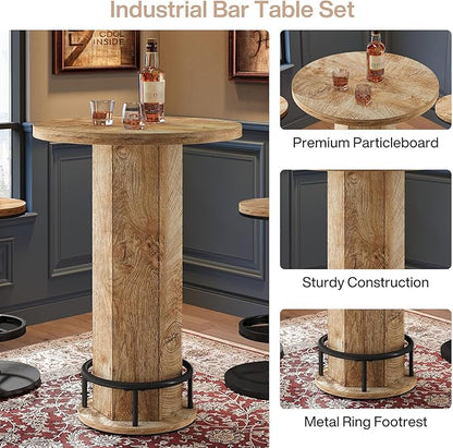 Tribesigns Round Bar Table with Chairs, Industrial Bistro Sets with 2 barstools, Pub Cocktail Table with Metal Ring Footrest for Kitchen Nook, Apartment, Small Space
