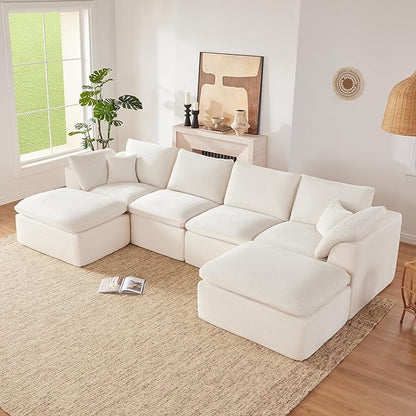 143" Cloud Sectional Couch, Boneless couches for Living Room，U Shaped Couch with Convertible Ottoman, Modular Sectional Sofa with Deep Seat, Comfy Soft Cushions, No Assembly, Beige
