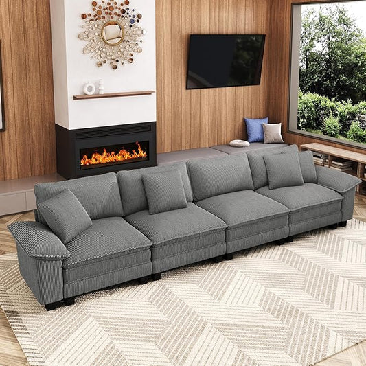 157.5" Cloud Modular Sectional Sofa, 4-Seater w/Deep Seat & Removable Arms, Plush Corduroy for Living Room - Gray