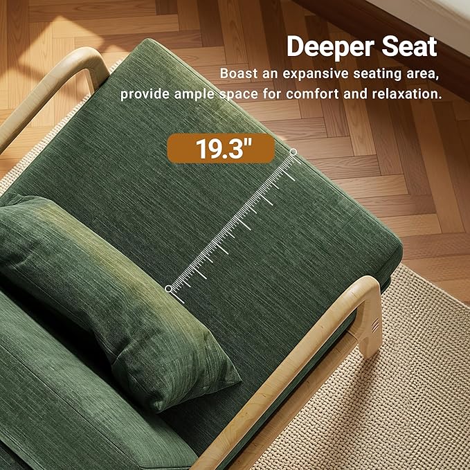 Claiks Mid-Century Modern Accent Chair, Living Room Armchair with Solid Wood Frame & Lumbar Pillow, Comfy Upholstered Lounge Chair for Bedroom, Office, Linen-Like Fabric, Green