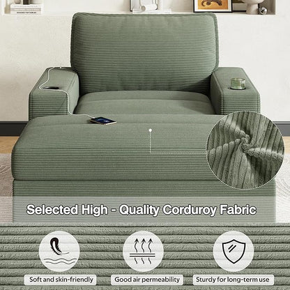 Christopher Knight Home Zoe Oversized Chaise Lounge Chair Indoor with Cup Holders & USB Charging Port, Corduroy Upholstered Sofa Bed + Ottoman with Storage, Comfy Deep Seat Sleeper Sofa Chair, Green