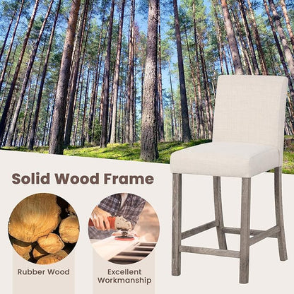 COSTWAY Upholstered Counter Height Stools Set of 2, Bar Stools w/Ergonomic Backrest, Solid Wood Frame, 24.5” Fabric Counter Height Chairs for Kitchen Island, Dining Room, Pub (Beige)