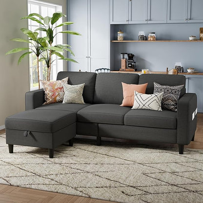 Sectional Sofa and Couches for Living Room, 78'' Dark Grey 3 Seat L-Shaped Couch with Movable Ottoman, Comfy Linen Convertible Sectionals Sofas with Chaise for Apartment, Office, Small Space