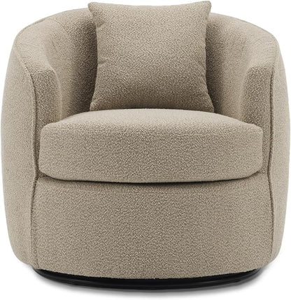 Swivel Accent Chair, Modern Upholstered Boucle Barrel Arm Chairs with Pillow for Living Room, 360 Degree Round Swivel Sherpa Armchair with Round Base for Bedroom Club (1, Light Brown)