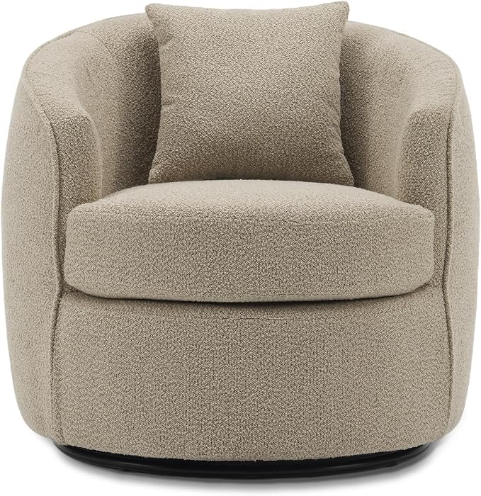 Swivel Accent Chair Set, Modern Upholstered Boucle Barrel Arm Chairs with Pillow for Living Room, 360 Degree Round Swivel Sherpa Armchair with Round Base for Bedroom Club (2, Light Brown)