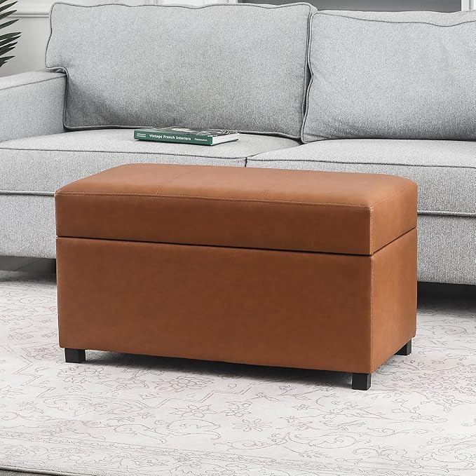 Asense Storage Ottoman Bench –32 Inch Stylish Compact Design with Storage, Extra Seating & Modern Leather Appeal for Living Room, Bedroom, Entryway,Brown