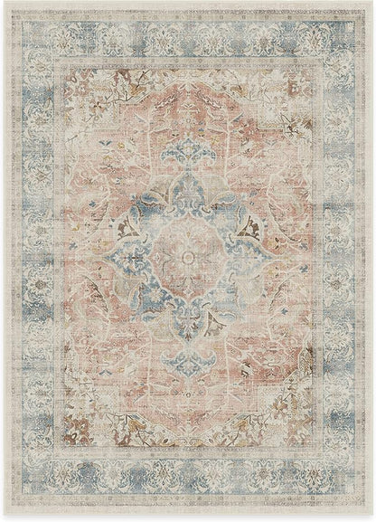 RUGGABLE Washable Vintage Area Rug – Sarrah Coral 5x7, Stain-Resistant, Non-Slip – Medium Machine Washable Rugs for Living Room, Bedroom, Hallway, Entryway & Office–with Standard Pad