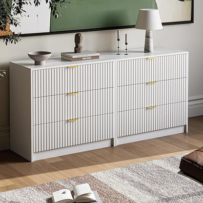 3-Piece Dresser Bedroom Set, 7 Drawer Dresser & 3 Drawer Nightstands with Gold Handles, Fluted Wood Chest of Drawers for Bedroom, Living Room, Entryway, White