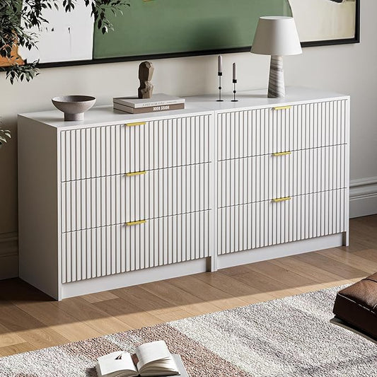 3-Piece Dresser Bedroom Set, 9 Drawer Dresser & 3 Drawer Nightstands with Gold Handles, Fluted Wood Chest of Drawers for Bedroom, Living Room, Entryway, White