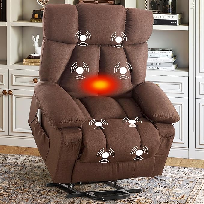 Oversized Power Lift Recliner Chair for Elderly, Big and Tall Lift Chair with Massage and Heat for Living Room, Fabric Electric Recliner Chairs with 4 Side Pockets, USB Charge Port,Brown
