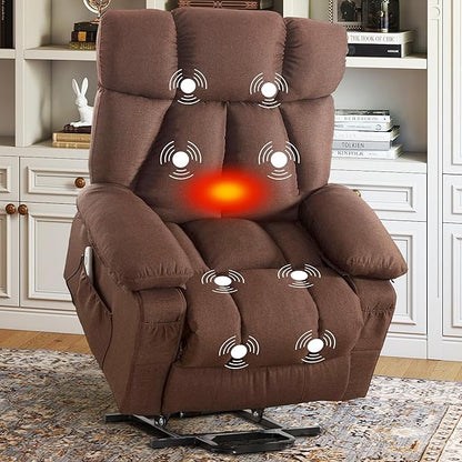 Oversized Power Lift Recliner Chair for Elderly, Big and Tall Lift Chair with Massage and Heat for Living Room, Fabric Electric Recliner Chairs with 4 Side Pockets, USB Charge Port,Brown