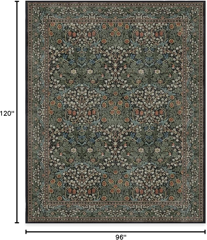 RUGGABLE x Morris & Co Washable Area Rug – Blackthorn Forest Green 8x10, Stain-Resistant, Non-Slip – Large Machine Washable Rugs for Living Room, Bedroom, Hallway, Entryway & Office–with Standard Pad