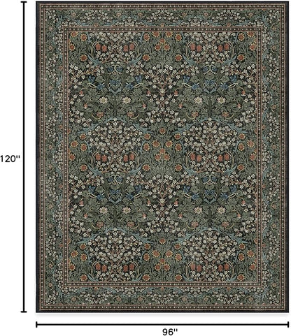 RUGGABLE x Morris & Co Washable Area Rug – Blackthorn Forest Green 8x10, Stain-Resistant, Non-Slip – Large Machine Washable Rugs for Living Room, Bedroom, Hallway, Entryway & Office–with Standard Pad