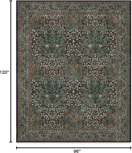 RUGGABLE x Morris & Co Washable Area Rug – Blackthorn Forest Green 8x10, Stain-Resistant, Non-Slip – Large Machine Washable Rugs for Living Room, Bedroom, Hallway, Entryway & Office–with Standard Pad