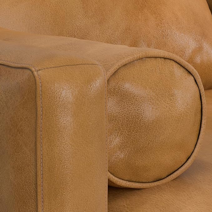 SIMPLIHOME Morrison 89-inch Wide Sofa in Sienna Top Grain Genuine Leather, Mid-Century Modern Design Couch for Living Room, Single Bench Cushion, 2 Back Cushions, 2 Bolster Pillows