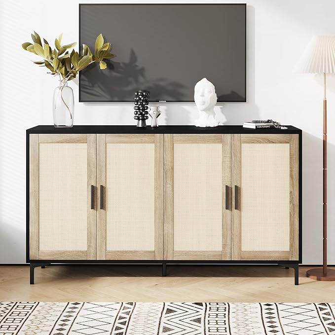 JASIWAY Sideboard - Buffet Cabinet with Storage, Rattan Kitchen Buffet Cabinet Accent Sideboard Cabinets with Doors, Coffee Bar Cabinets Rattan Sideboards for Living Room, Entryway, Black