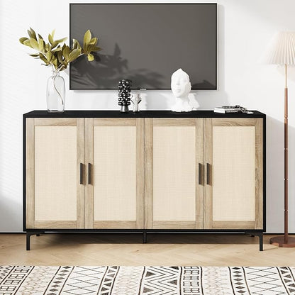 JASIWAY Sideboard - Buffet Cabinet with Storage, Rattan Kitchen Buffet Cabinet Accent Sideboard Cabinets with Doors, Coffee Bar Cabinets Rattan Sideboards for Living Room, Entryway, Black