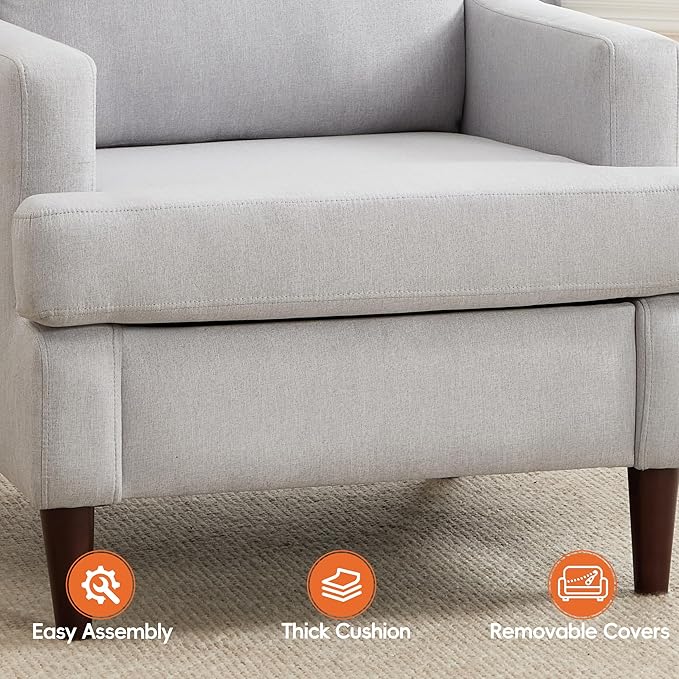 Mid-Century Accent Chair Modern Linen Fabric Armchair for Living Room,Comfy Upholstered Reading Chairs for Bedroom,Single Sofa Chair with Wood Legs (LightGrey, Set of 2)