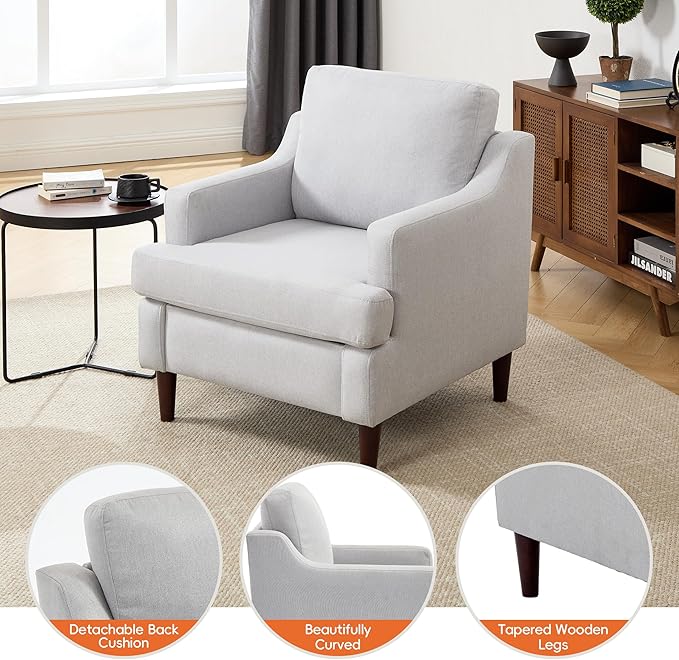 Mid-Century Accent Chair Modern Linen Fabric Armchair for Living Room,Comfy Upholstered Reading Chairs for Bedroom,Single Sofa Chair with Wood Legs (LightGrey, Set of 2)