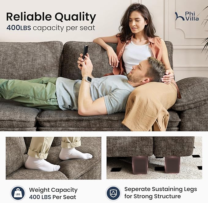 PHI VILLA Modern Modular Couches Sets, 123.6" Cloud Sectional Sofa with Upholstered Deep Seat, 3-Seater Couch for Living Room Small Spaces, Chenille Fabric, Smoky Grey