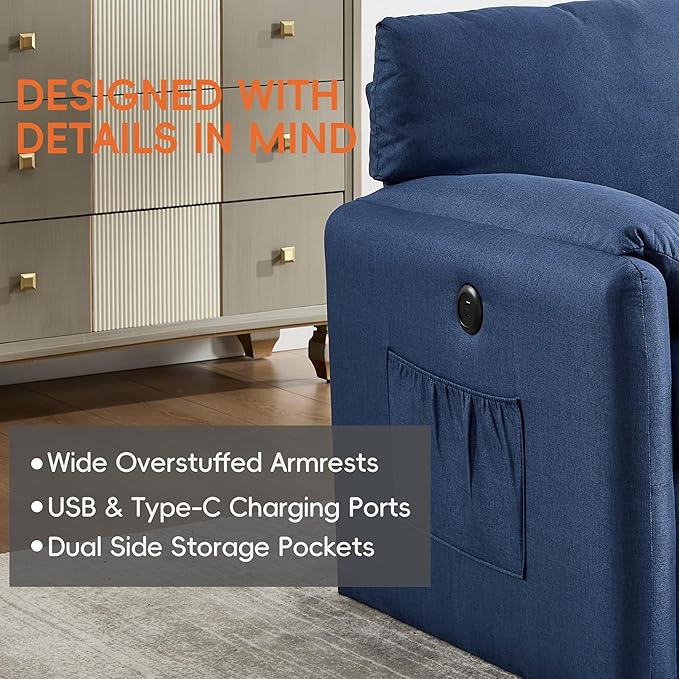 Oversized Accent Chair 38" Wide Mid-Century Modern Armchair for Living Room,USB and Type-C Ports,Comfy Reading Chairs for Bedroom with Side Pockets,Single Sofa Chair (Blue, Set of 1)