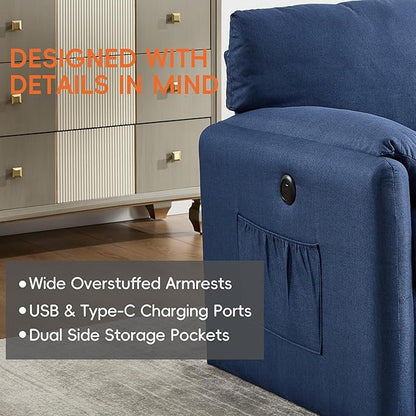 Oversized Accent Chair 38" Wide Mid-Century Modern Armchair for Living Room,USB and Type-C Ports,Comfy Reading Chairs for Bedroom with Side Pockets,Single Sofa Chair (Blue, Set of 1)