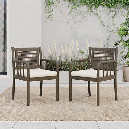 Christopher Knight Home Vera Outdoor Acacia Wood Dining Chairs, Rattan Woven Back Armchair, Armchair with Cushion Seat, Dining Chairs Set of 2, Patio Chair for Poolside Garden Balcony, Gray+Cream