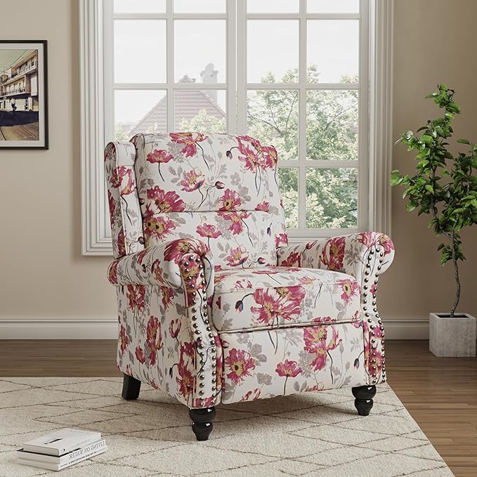 Pushback Recliner Chair, Upholstered Armchair Wingback Recliner Chair, Floral Fabric Push Back Recliner with Wood Legs, Rivet Trim Single Sofa Accent Chair for Living Room, Bedroom, Pattern White