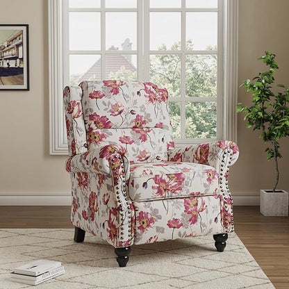 Pushback Recliner Chair, Upholstered Armchair Wingback Recliner Chair, Floral Fabric Push Back Recliner with Wood Legs, Rivet Trim Single Sofa Accent Chair for Living Room, Bedroom, Pattern White