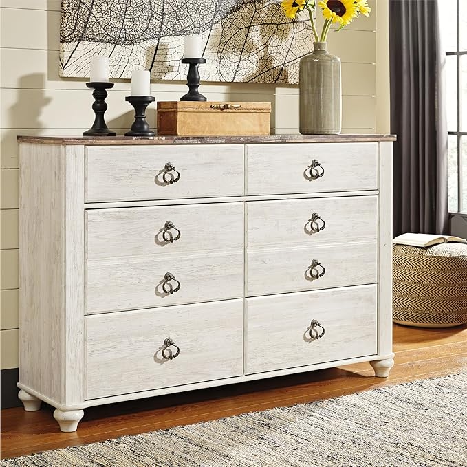 Signature Design by Ashley Willowton Coastal Cottage 6 Drawer Dresser with Faux Plank Top, Whitewash