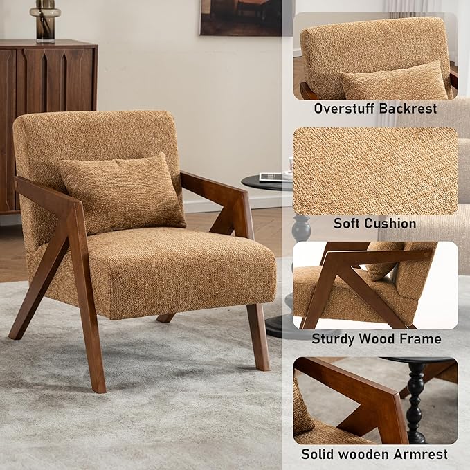 Mid Century Modern Accent Chair with Solid Wood Frame，Upholstered Chenille Living Room Arm Chairs with Pillow for Bedroom, Living Room, Reading Room, Balcony (2, Yellow)