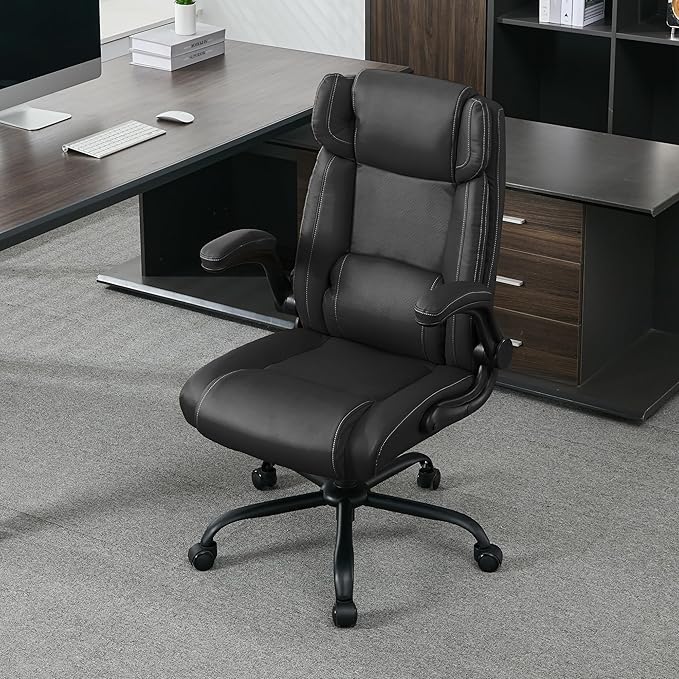 Office Desk Chair,Ergonomic Conference Room Chairs,Mid Back Executive Leather Chair,Comfy Computer Desk Chairs with Adjustable Flip-Up Arms and Rocking Function (Black)