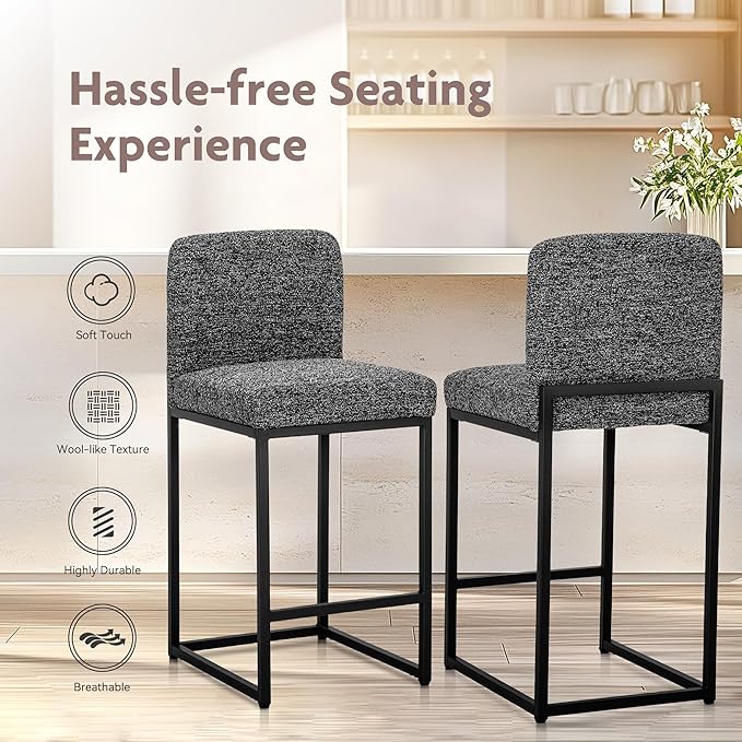 ALPHA HOME 24" Bar Stools Set of 4 Kitchen Counter Stools with Back, Counter Height Stools with Upholstered Footrest for Kitchen Island, Metal Steel Frame, Chenille, Black
