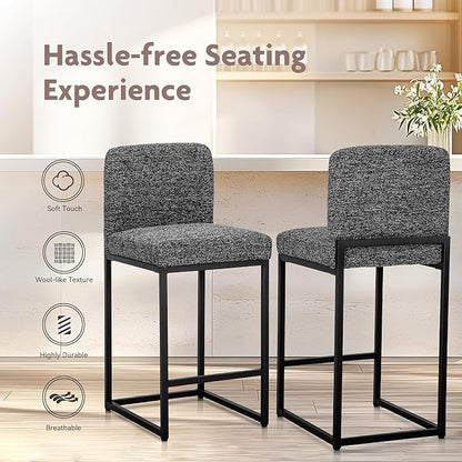 ALPHA HOME 24" Bar Stools Set of 4 Kitchen Counter Stools with Back, Counter Height Stools with Upholstered Footrest for Kitchen Island, Metal Steel Frame, Chenille, Black