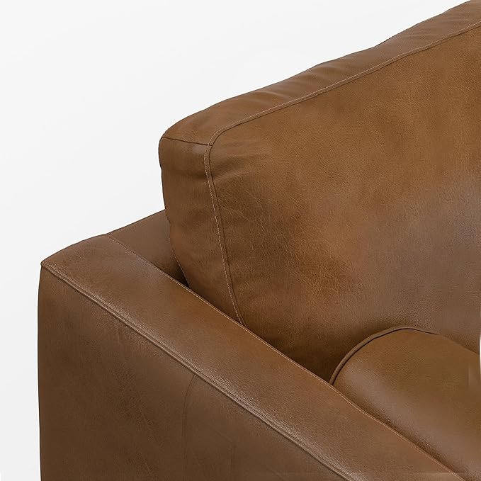 SIMPLIHOME Morrison 89-inch Wide Sofa in Caramel Brown Top Grain Genuine Leather, Mid-Century Modern Design Couch for Living Room, Single Bench Cushion, 2 Back Cushions, 2 Bolster Pillows