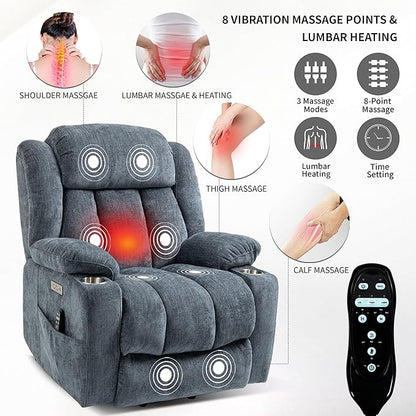Power Lift Chair for Elderly, Electric Recliner Chair with 8-Point Vibration Massage and Lumbar Heating, Charging Ports, Cup Holders - Blue