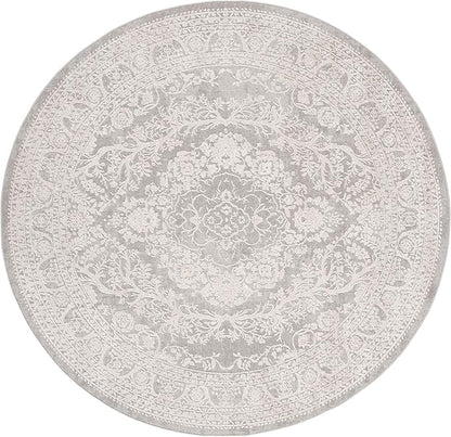 SAFAVIEH Area Rug 5' Round - Reflection Collection - Light Grey & Cream, Non-Shedding & Easy Cleaning, Ideal for Living Room, Bedroom (RFT668G)