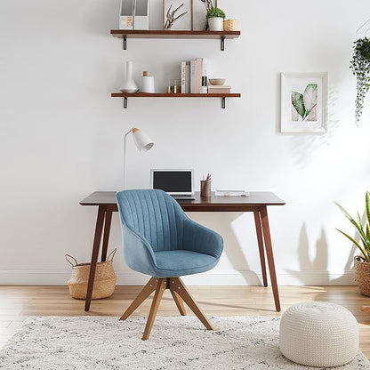 Zouron Mid Century Modern Swivel Accent Chair, Vanity Chair with Wooden Legs, Upholstered Arm Chair No Wheels, Accent Side Chair for Small Space Home Office Living Room Bedroom, Azure