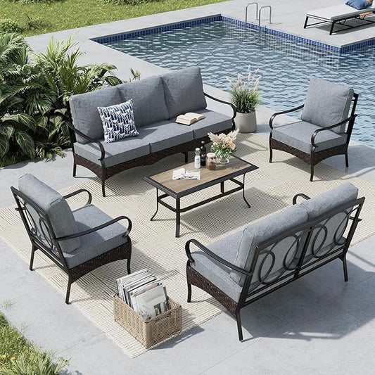 MFSTUDIO 5 PCS Outdoor Patio Furniture Set, Metal Outdoor Conversation Set, Rattan Wicker Patio Sectional Sofa Set with 2 x Fixed Single Sofa, 2-Seat and 3-Seat Sofa, 1 x Coffee Table, Grey