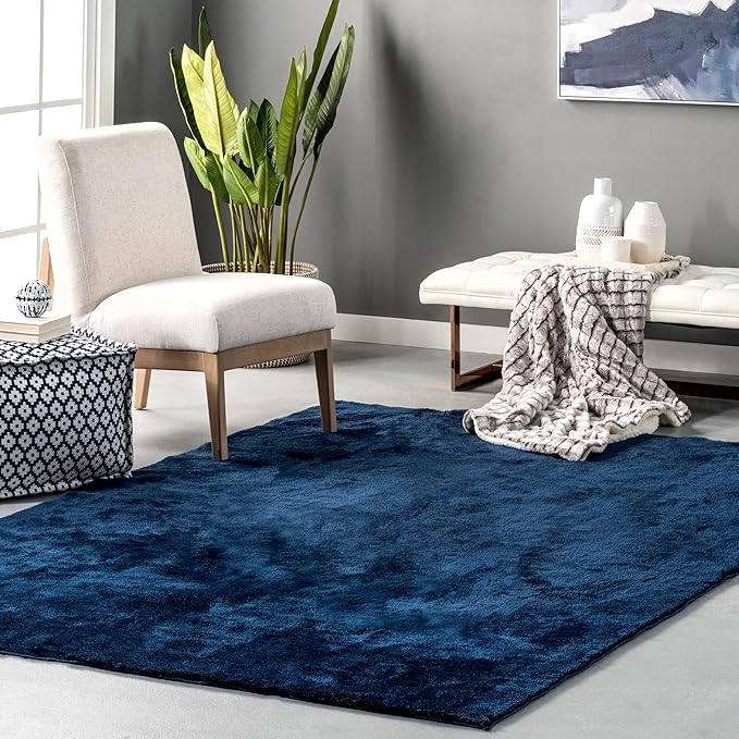 nuLOOM 8' x 10' Cozy Plush Area Rug, Machine Washable, Non-Slip, Soft Fluffy Shag Carpet for Living Room Bedroom Kids Room Nursery Home Decor, Loni Navy