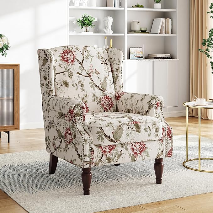 Pia Ricco High Back Floral Accent Chair - Retro Wingback Upholstered Armchair with Nailhead Trim, Solid Wood Legs, Fabric Living Room Bedroom Reading Chair (Flower Beige)