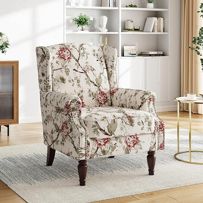Pia Ricco Set of 2 Floral Accent Chairs, High Back Upholstered Armchairs with Retro Wingback Design, Nailhead Trim & Solid Wood Legs for Living Room Bedroom(Flower Beige)