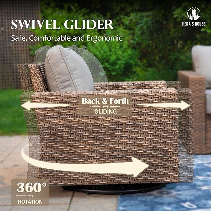 HERA'S HOUSE Swivel Glider Patio Furniture Set with 4.92" Wide Armrest 5.5" Thick Cushions, 5 Pieces Outdoor Wicker Conversation Sets for Lawn Backyard Deck, Grey